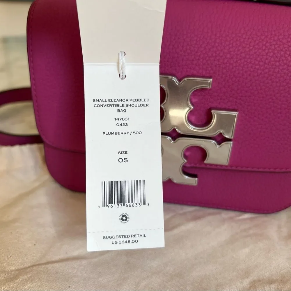 NWT TORY BURCH Small Eleanor Convertible Shoulder Bag In Plumberry Leather Suede